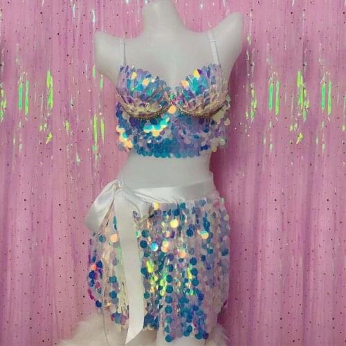 Holographic Sparkly Sequin Outfit Sexy bra skirt Party 2 Pieces Set Dj GOGO Female Singer Nightclub Dance Skirt Costume