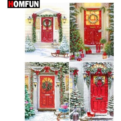 HOMFUN Paint With Diamond Embroidery "Christmas door red" Diamond Painting Full Square Round Picture Of Rhinestone Decor