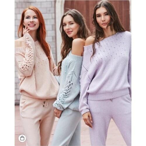 Cashmere sets + Woolen diamond beading Knit warm sets Velvet Sweater + Mink Cashmere Trousers Leisure Two-piece suits wj2861