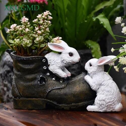 Rabbit Resin Flower Pot Garden Simulation Shoes Potted Animal Sculpture Crafts Home Decorations Accessories
