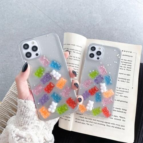 Cute 3D Gummy Bear Case For iPhone 12 11 Pro Max Glitter Clear Cover For iPhone X 6 6S 7 8 Plus XS Max XR Shock-Proof Dust Plug