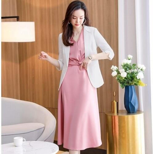 Fashion Women Business Suits Dess and Blazer Sets Half Sleeve White Jackets Ladies Office Uniform Styles OL