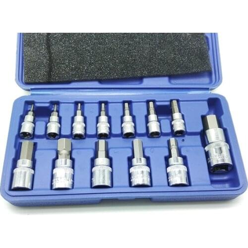 New 13pcs/set Metric H2-H14 Allen Key 1/4" 3/8" 1/2" Drive Chrome Vanadium Mirror Polished Sockets High Quality Crv Steel Bits