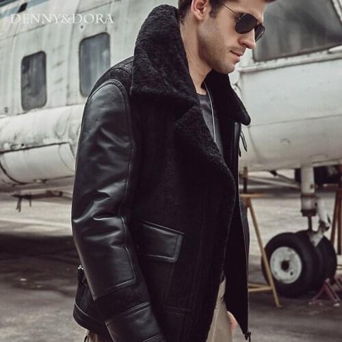 2018 New Fashion Mens Aviator B3 Sheepskin Jacket Coat With Fur Lapels Black Handsome Warm Jacket Silm Coat