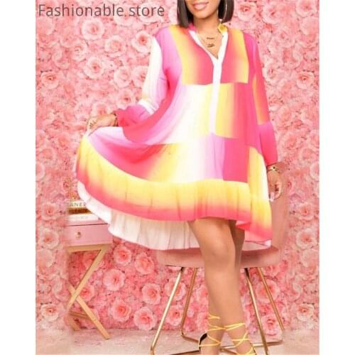 Gradient Color Single Breasted Flared Sleeves Ruched Loose Casual Layered A-Line Dress