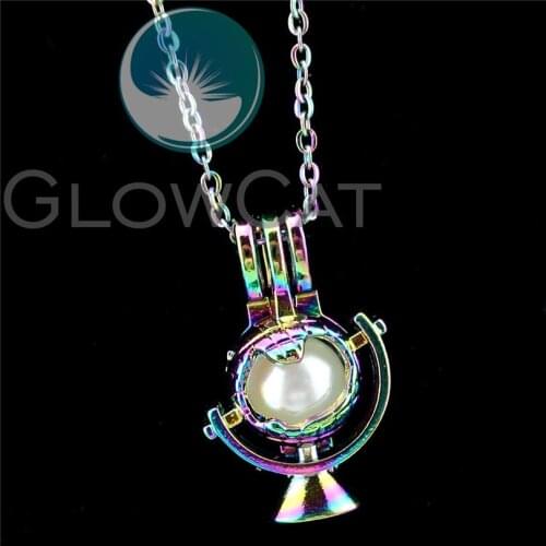 R-C913 Rainbow Globe Beads Cage Pendant Perfume Diffuser Aromatherapy Pearl Cage Locket Necklace