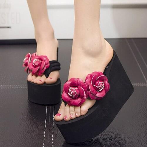 Summer New Womens Flip Flop Womens Thick Bottom Anti Slip Super High Heel 11 Cm Sandals Handmade Flower Angle Sandals