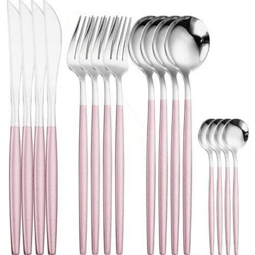 Pink Silver Tableware Stainless Steel Cutlery Set Fork Knife Set Dinnerware Kitchen Dinner Set Mirror Flatware Dropshipping
