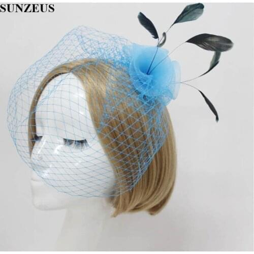 Bridal Wedding Hair Accessories with Feathers Soft Tulle Face Veil Blue Womens Evening Hair Accessory accessoire mariage SH12