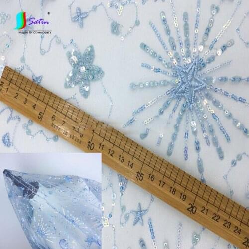 New Style Light Blue Star Moon Snowflake Sew Sequin Mesh Fabric Dress Embroidered Doll Skirt Shawl Snowflake Sequin Mesh Fabric