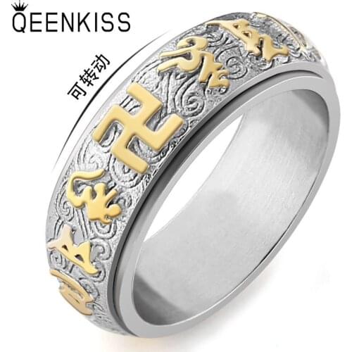 QEENKISS RG823 Fine Jewelry Wholesale Fashion New Man Boy Birthday Wedding Gift Rotatable Retro Titanium Stainless Steel Ring