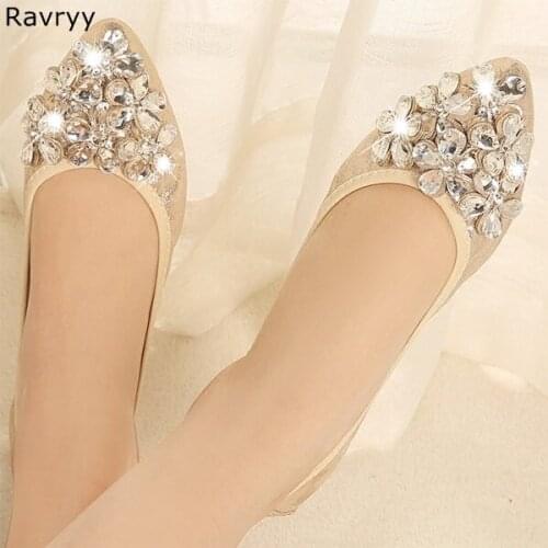 Bling Bling Crystal Silver Woman single shoes rhinestone flower slip-on female dress shoes flats comfortable round toe shoes
