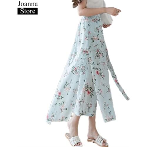 Summer Printing Chiffon Fake Two Nine-Point Pants Women High Waist Flowers Straight Pants White Plus Size Split Culottes Female