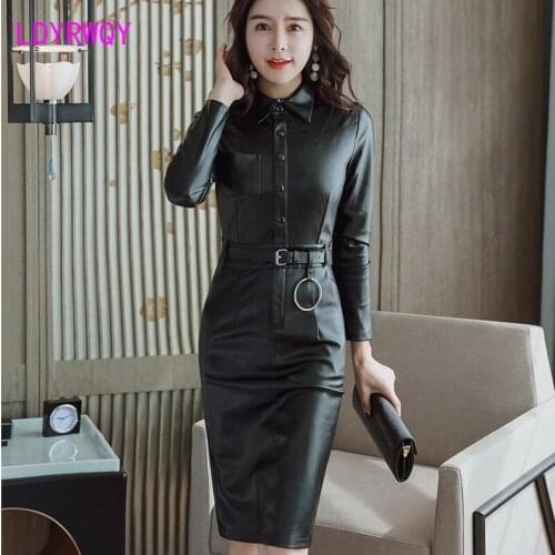 2021 autumn new womens fashion temperament lapel single-breasted Slim PU leather long-sleeved dress Turn-down Collar