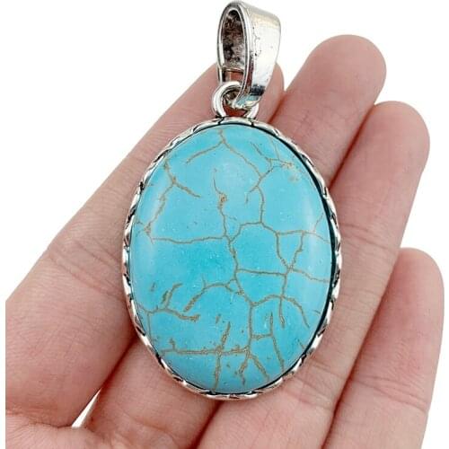 2 x Antique Silver Color Oval Shape Faux Turquoise Charms Pendants for Necklace Jewellery Making Accessories 60x33mm