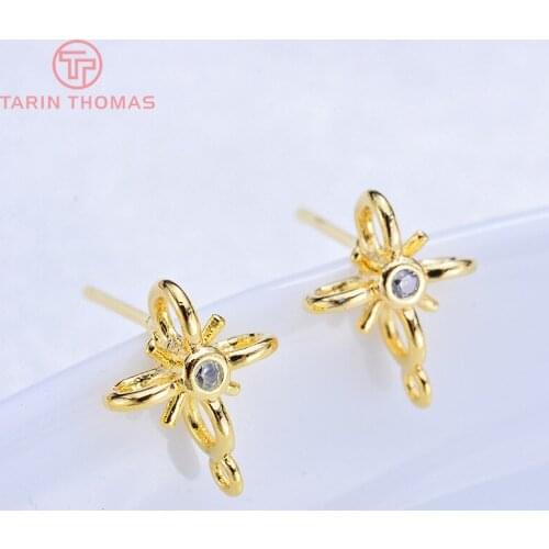 6PCS 11x9MM 24K Gold Color Brass with Zircon Flower Stud Earrings High Quality Diy Jewelry Findings Accessories