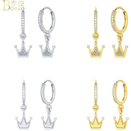 BOAKO 925 Sterling Silver Earrings For Women Pendiente Plata Crystal CZ Crown Piercing Hoop Earring Design Luxury Jewelry Gift