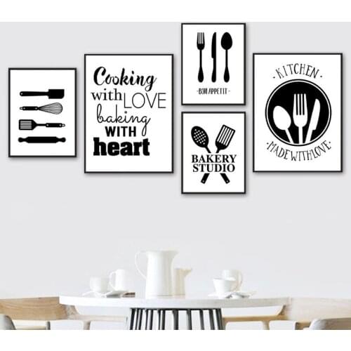 Black White Cooking with Love Kitchen Quote Wall Art Canvas Painting modern Prints Posters Kitchen Dining Room Picture Decor