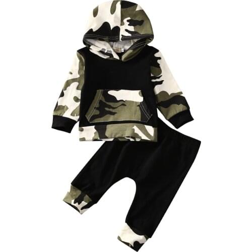 Citgeett Toddler Baby Kids Boys Camo Black Hooded Pocket Tops Pants 2Pcs Outfits Casual Cotton Set Clothes SS