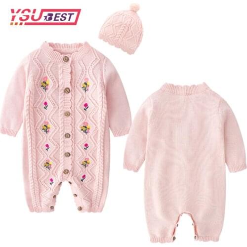 Baby Rompers Cartoon Knitted Autumn Newborn Jumpsuits Embroidery Flowers Girls Clothes Winter Toddler Sweater Children Overall