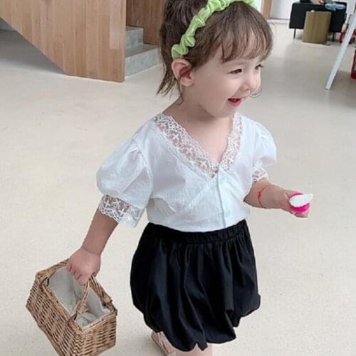 Summer Baby Toddler Girls Clothing Sets Kids Girl Clothes Set White Short Sleeve Lace Tops + Black Shorts Two Piece Suit JW5372
