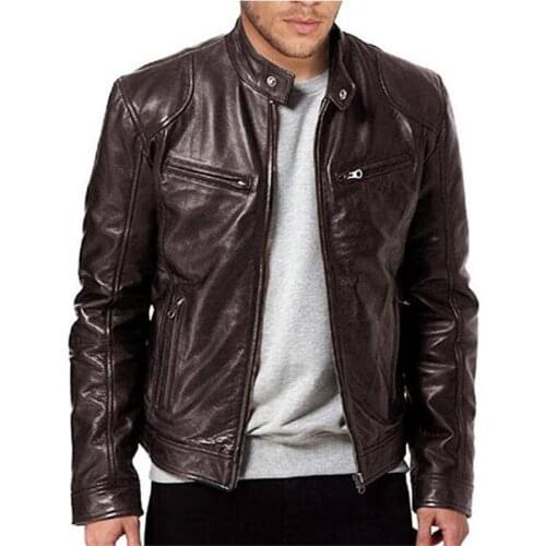 Winter leather jacket mens business gentleman warm zipper cardigan pocket decoration PU leather jacket stand collar slim zipper