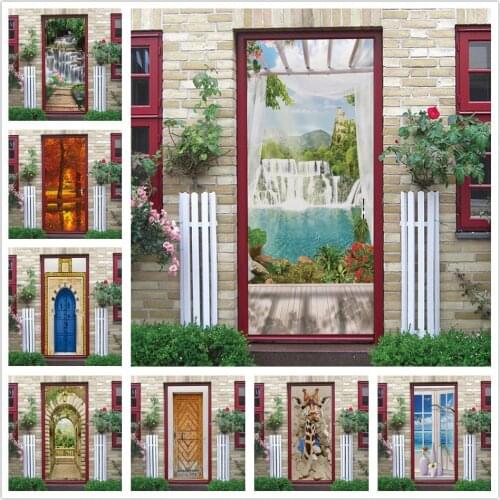 Waterfall Scenery Sticker For Door DIY Self Adhesive Poster PVC Wall Decal Bedroom Decoration Wallpaper Giraffe Mural Home Decor