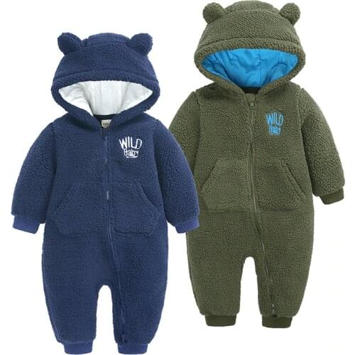 2020 New Autumn Winter Baby Jumpsuit Cartoon Bear Style Newborn Clothes Fleece Hooded Rompers Velvet Thick Winter Clothing