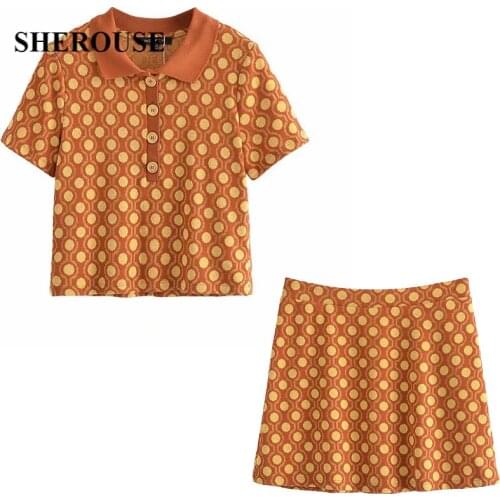 2021 New Summer Women Printed 2 Pieces Set Polo Shirt and Short Skirt Chic Lady Fashion Casual Women Outfits Dress Sets