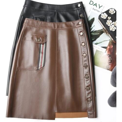 Autumn Womens Genuine Leather Skirts High quality Designer Asymmetrical Skirt C882