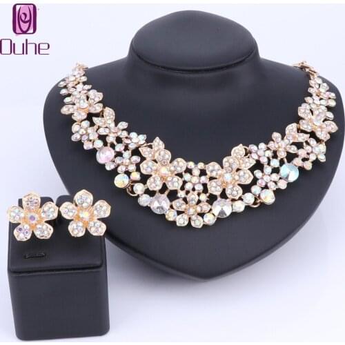 OUHE 2pcs Flowers Collar Necklace Earrings Jewelry Sets Statement Women Bridal Party Prom Anniversary Gift For Wife Friend
