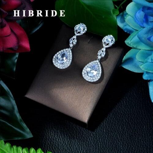 HIBRIDE Luxury Dangle Long Earrings For Women Wedding Water Drop Cubic Zirconia Earrings Party Gifts E-25