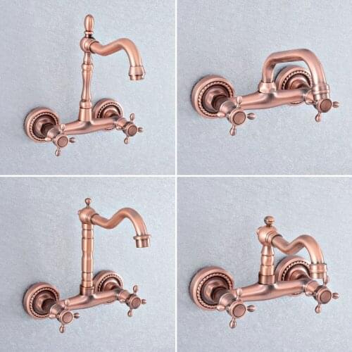 Antique Red Copper Brass Wall Mounted Bathroom Kitchen Sink Faucet Swivel Spout Mixer Tap Dual Cross Handles msf856