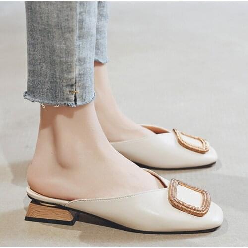 Womens Shoes 2021 Summer Slippers Fashion Casual Mules Office Ladies Low Heels Female Sandals Pu leather Elegant Woman Slides