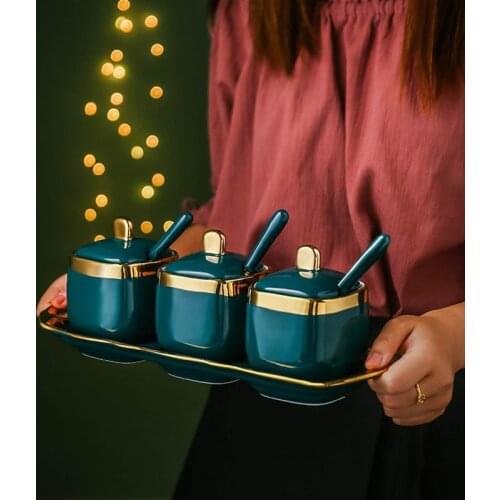 Scandinavian Minimalist Seasoning Tank Dark Green Gold Ceramic Seasoning Tank spice container spice jars condiment dispenser
