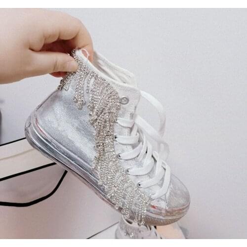 Rhinestone tassel dirty shoes canvas womens shoes Korean style high-top flat-bottomed flower sequin lace-up old sneakers