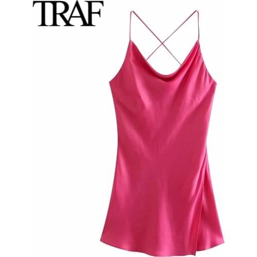 Traf Bodycon Dress Clothes Women Summer 2021 Sexy Mini DressSatin Suspender Dress Red Party French Fashion Dress Evening Club