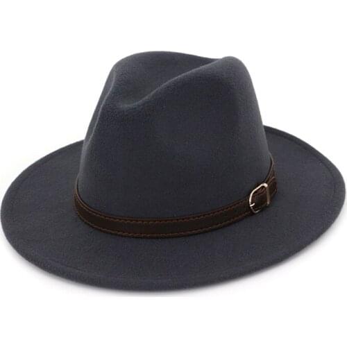Trend Solid Men Women Wool Felt Panama Hat Wide Flat Brim Fedora Caps Belt Buckle Band Fedoras Jazz Party Formal Hats for Unisex