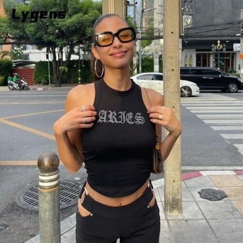 Lygens Solid Sleeveless Letter Rhinestone Women Crop Top Tanks Bodyocn Sexy Streetwear Casual 2021 Summer Clothes Cute Y2K