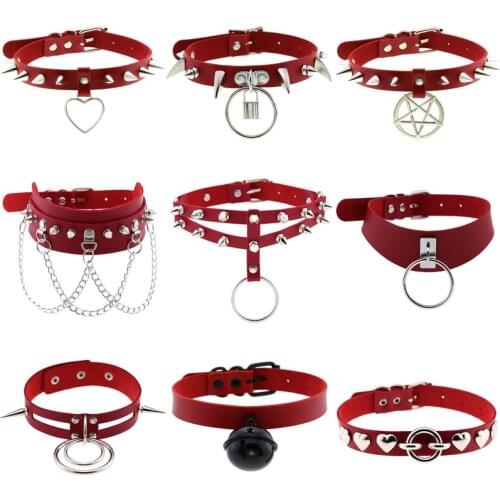2021 Punk Red color PU Leather Choker Necklaces Spike Rivet Collar Studded Sexy Collar Body Gothic Party Chains Cosplay Jewelry