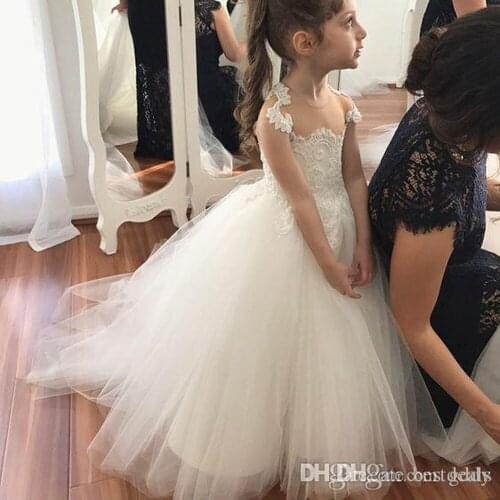 Ball Gown Round Neck Sheer Back White Tulle Flower Girl Dress with Lace First Communion Dress Kids Wedding Gowns Custom Made