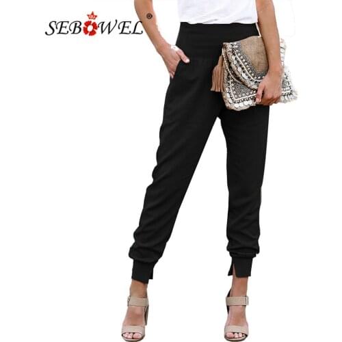 SEBOWEL Casual Womens Cotton Joggers Pants with Pocket Female Stretchy High Waist Solid Color Slim Harem Pants 5 Colors S-XL