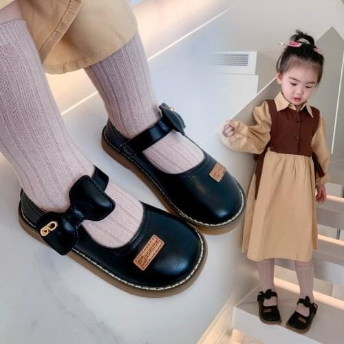 Childrens Single Shoes 2021 Autumn New Girl Cute Bow Solid Color Leather Shoes Princess Shoes Casual Flats Sweet Cute Chic Hot