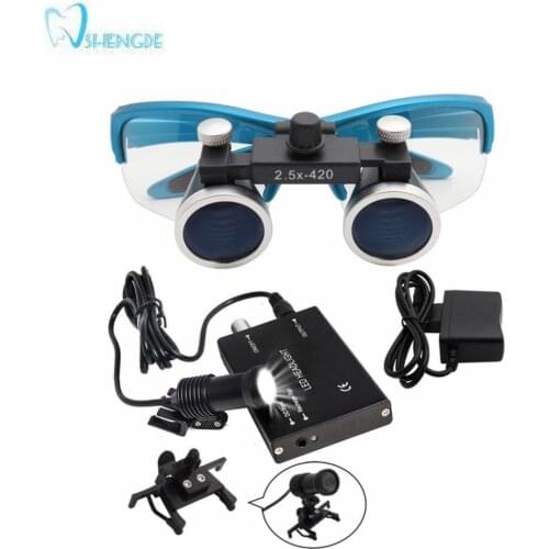 Blue 2.5X 420 mm Dental Loupe Magnifier Binocular Magnifier Surgery Surgical Medical Operation Loupe with Spotlight Head Light