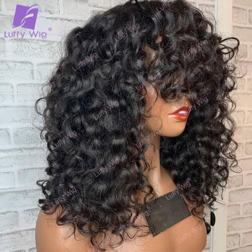 Short Curly Human Hair Wigs With Bangs Brazilian Remy Human Hair Machine Curly Bob Wig Glueless For Black Women LUFFY