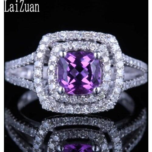 LaiZuan Sterling Silver 925 Certified Cushion 6.5mm Natural Amethyst 0.6ct Diamonds Ring Engagement Wedding Fine Jewelry Gift