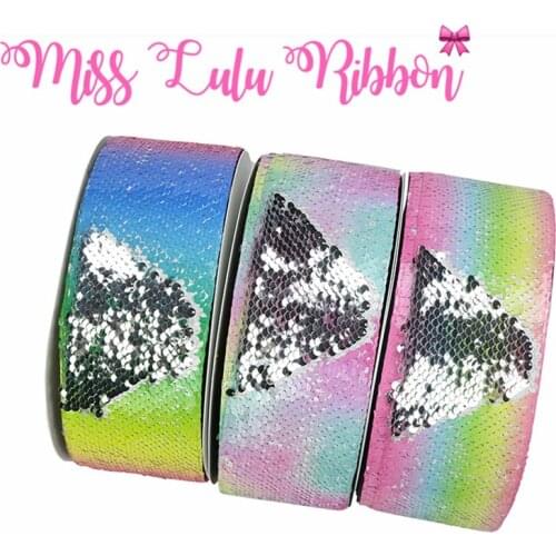 3"75mm Rainbow Stripes Pink Galaxy Double Reversible Silver Sequin Ribbon Hair Bow Making 46yards DIY Party Decor