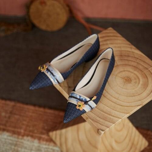 New Women Shoes Slip-On Embroider Butterfly-knot Shallow Boat Shoes Pointed Toe Flat Heel Spring/Autumn Handmade Size 34-40