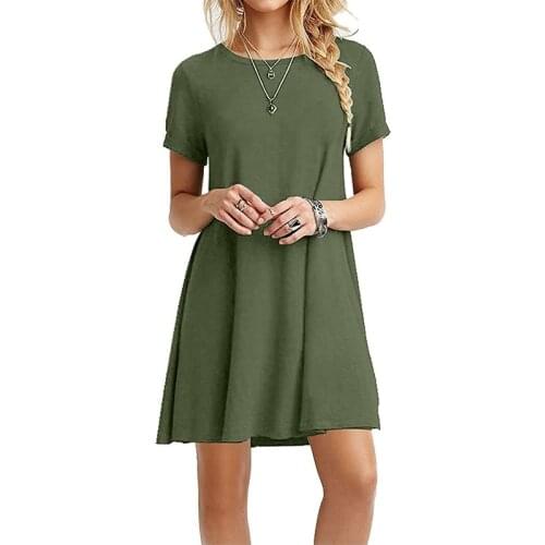 Solid Color Dress Short Sleeved Casual Comfortable T-Shirt Dress Ladies Fashion Loose Beach Dress