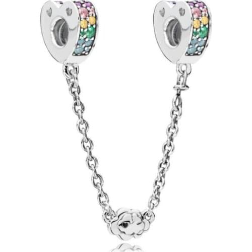 Genuine 925 Sterling Silver Charm Multi-colour Arcs Of Love With Crystal Safety Chain Bead Fit Pan Bracelet Diy Jewelry